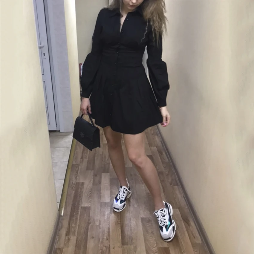 OOTN Элегантное Черное Короткое женское платье-блузка с длинным Рукавом Плиссированное мини-платье вечерние платья весеннее женское сексуальное тонкое платье vestido