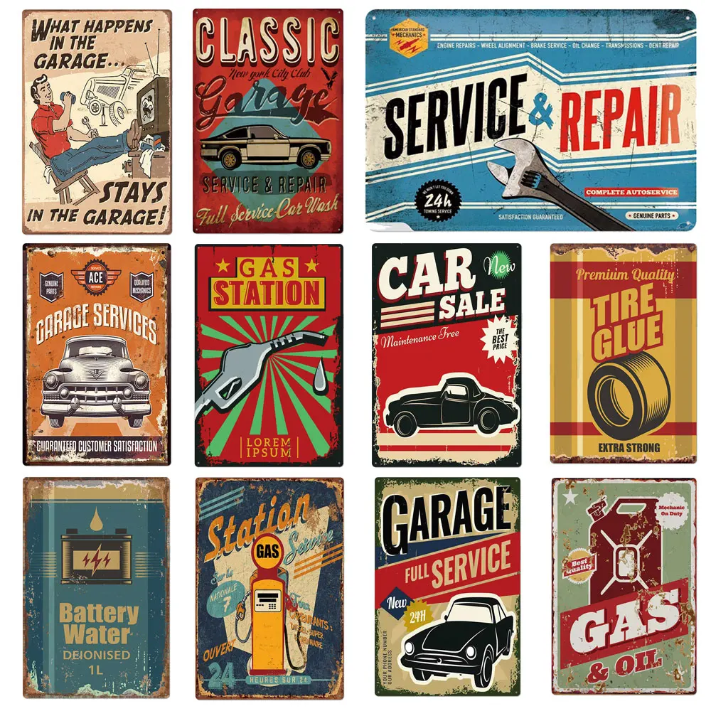 

Vintae Metal Plate Classic Garage Services Repair Gas Station Oil Rustic Pin-up Car Poster Plaque Man Cave Wall Decor