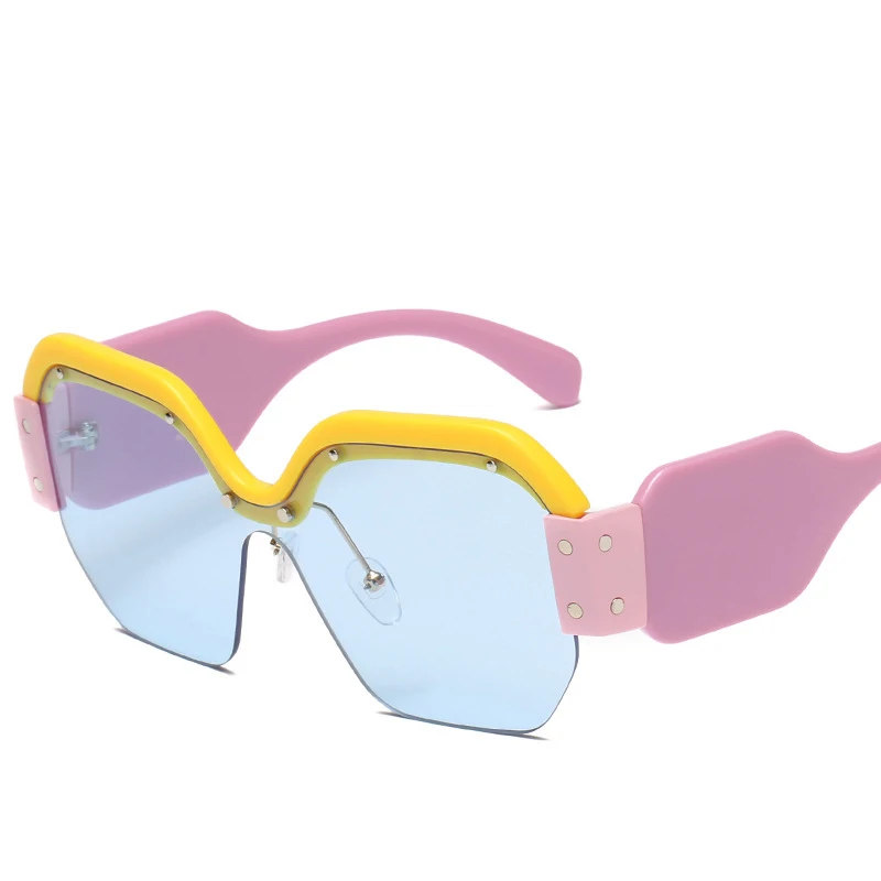 8-Yellow-Blue Сексуальные негабаритные солнцезащитные очки без оправы для женщин, винтажные, красные, розовые, роскошные брендовые солнцезащитные очки для женщин, с заклепками, большая оправа, мужские оттенки - Цвет линз: 8-Yellow-Blue