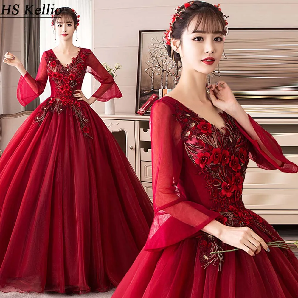 Бордовые платья Quinceanera с кружевной аппликацией для девочек сценическое платье