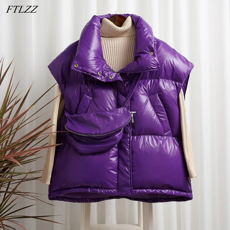 

FTLZZ Winter Stand Collar Light Feather Vest Jacket Women Duck Down Short Coat Loose Sleeveless Thick Outwear With Fashion Bag