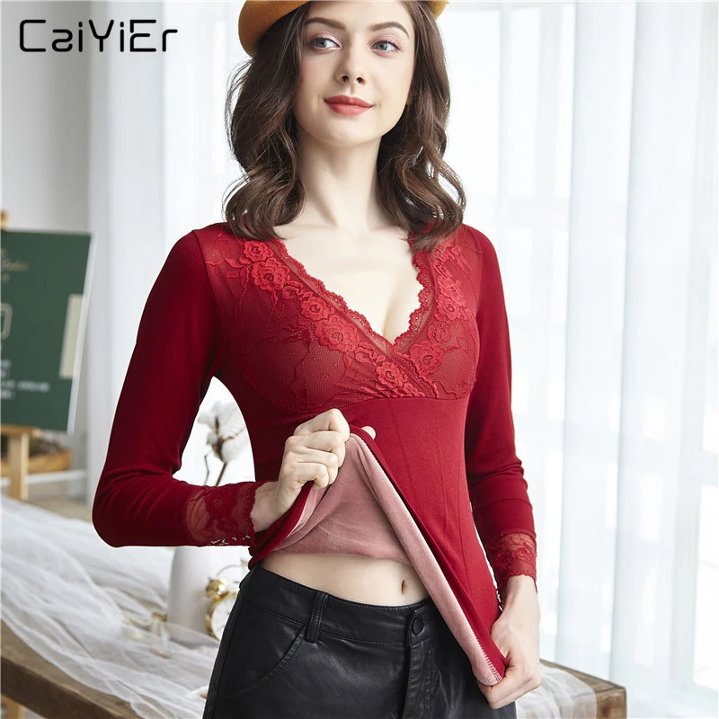 Caiyier Sexy Deep V-Neck Warm Thermal Underwear Thicken Long Sleeve Sleepwear For Women Seamless Breathable Pink Lining Winter |