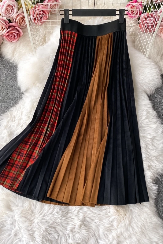 

Skirts women Empire Patchwork A-Line Stylish Leisure Spring Loose Korean Fashion Pleated skirt