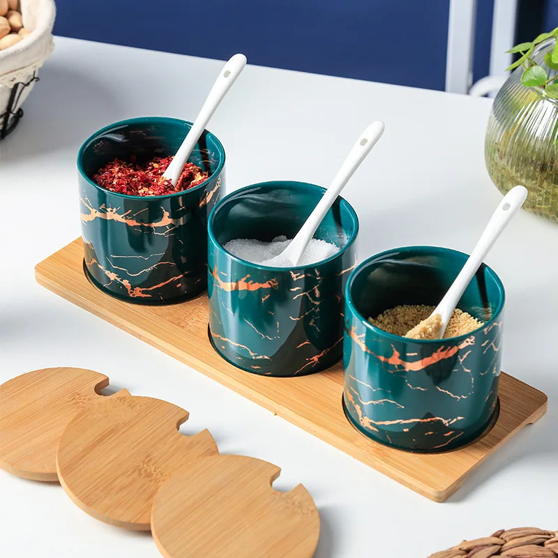 

3Pcs Simple Emerald Ceramic Food Storage Container Hand-painted Kitchen Refrigerator Multigrain Tank Transparent Sealed Cans
