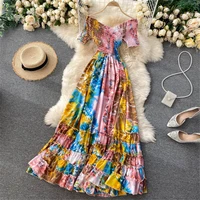 tie dye summer dress women 2021 vintage hawaii beach spring v neck high waist long dresses female clothing new year 2021 atopos