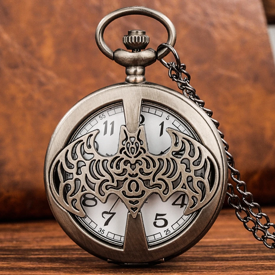 

Retro Gray Hollow Cross Bat Symmetrical Wings Skeleton Design Quartz Pocket Watch Analog Necklace Sweater Chain Pendant Clocks