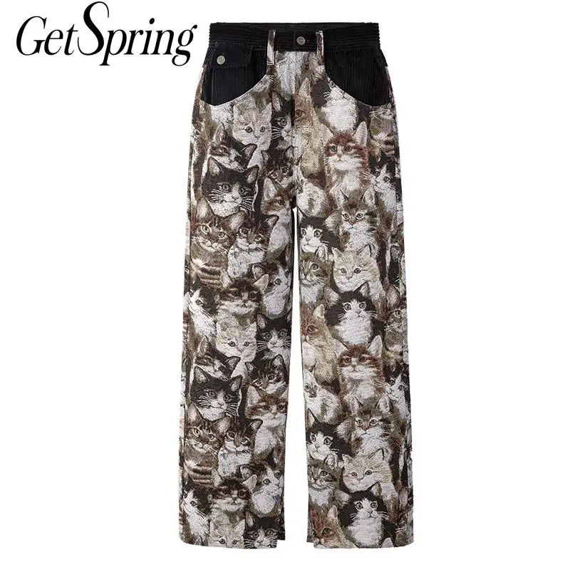 

Getspring женские брюки капри с принтом высокой талией широкие брюки женские универсальные винтажные повседневные брюки карго модные брюки для...