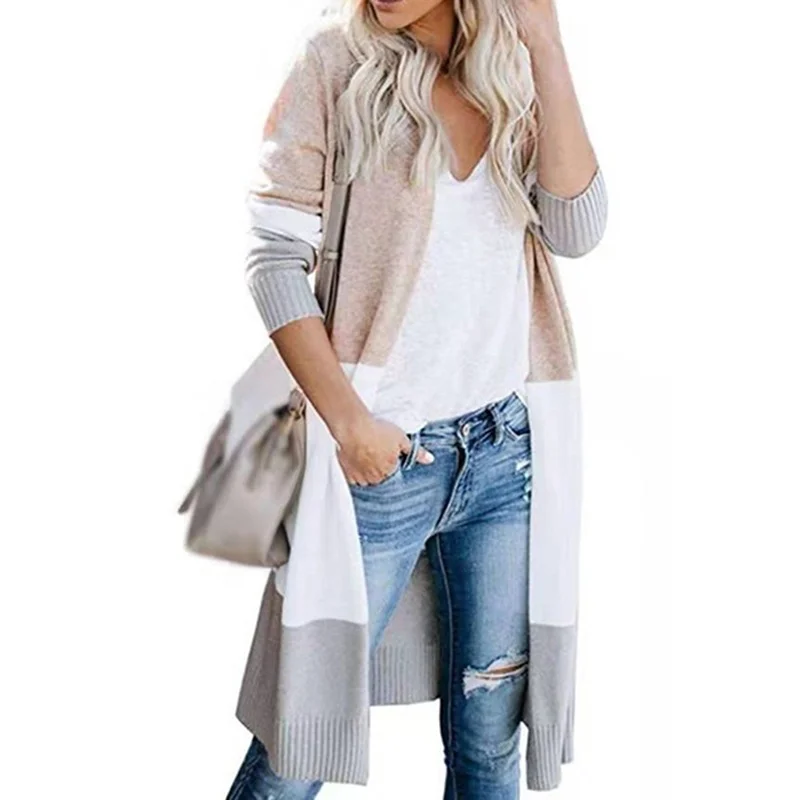 

Spring Women Sweater Striped Color Block Casual Draped Loose Cardigan Long Sleeve Knit Sweater Coat Female Top