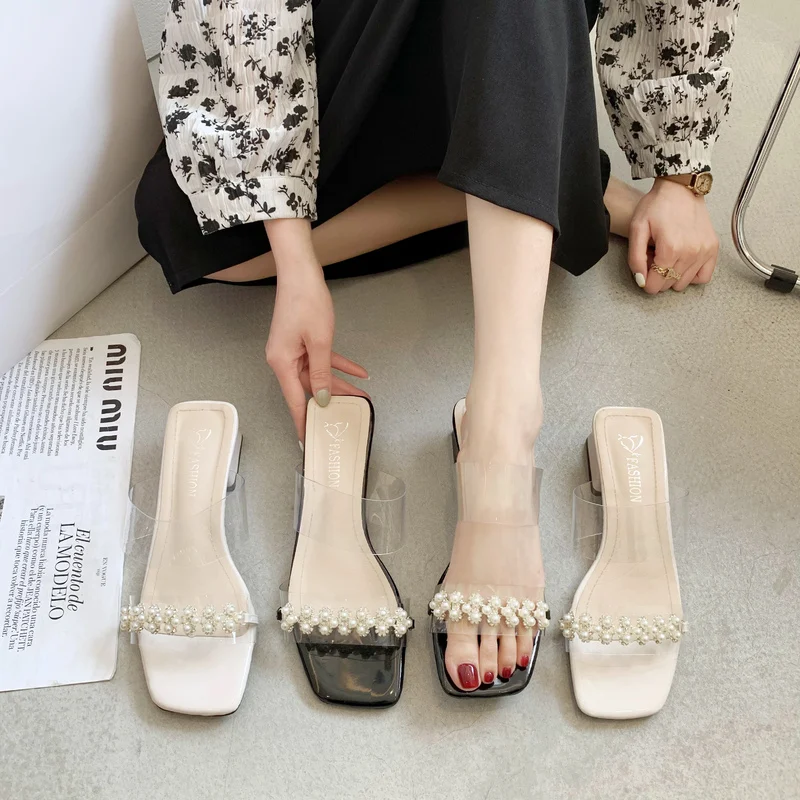 

Shoes Ladies' Slippers String Bead Slipers Women Low Square heel 2021 Summer Block Hoof Heels Slides PU Rome Rubber Shoes Woman