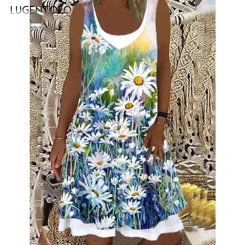

Платье Lugentolo женское с круглым вырезом, тонкое короткое свободное повседневное из полиэстера, с принтом, без рукавов, летняя уличная одежда