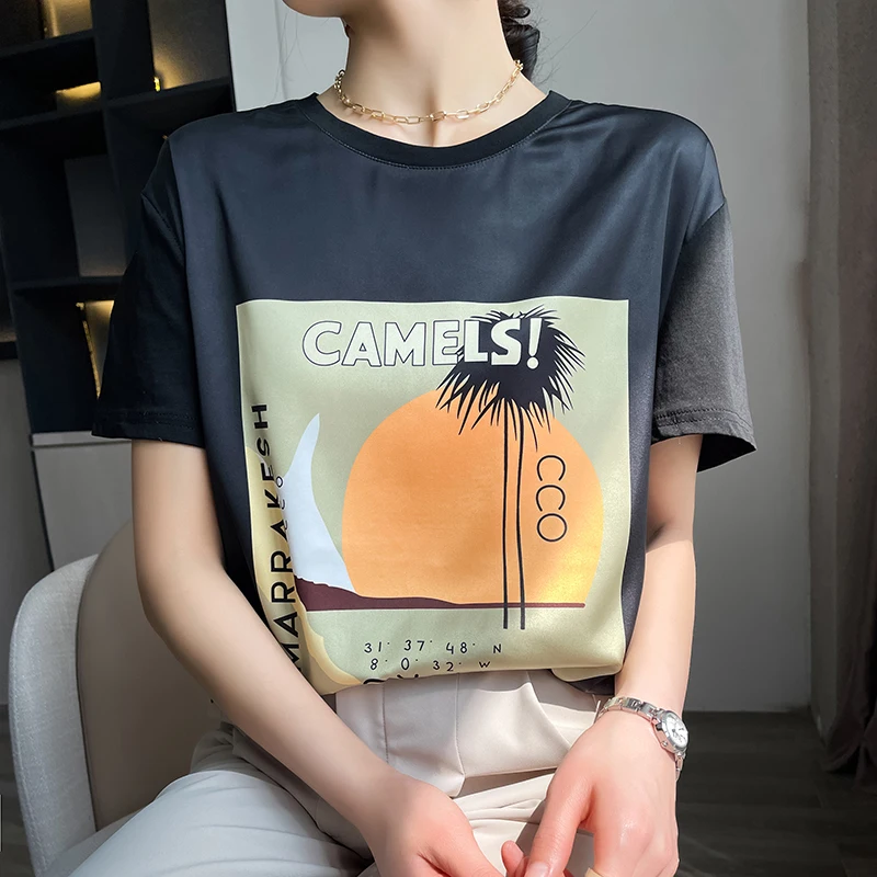 Новая Летняя шелковая атласная футболка с коротким рукавом принтом тутового