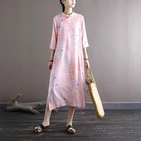 original summer dress retro cotton and linen printing loose womens dress cheongsam three quarter sleeve dress