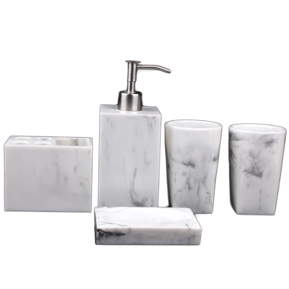 

5Pcs Resin Imitation Marble Bathroom Accessory Set Mouthwash Cup Soap Toothbrush Holder Shampoo Bottle Household Wash Set Tools