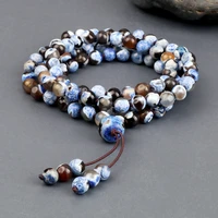 new dark blue fire stone beaded prayer bracelets necklace handmade 108 mala long elastic necklace ethnic tibetan jewelry gifts
