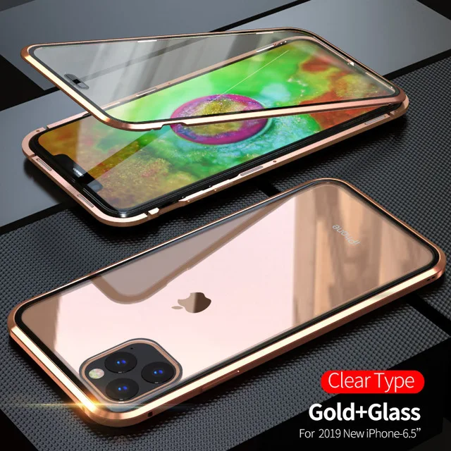 Transparent Gold Двойной чехол-книжка из закаленного стекла 360 на магните для iPhone 11 Pro Max, чехол с магнитной адсорбцией для iPhone XR XS MAX 8 Plus 7 Plus - Цвет: Transparent Gold