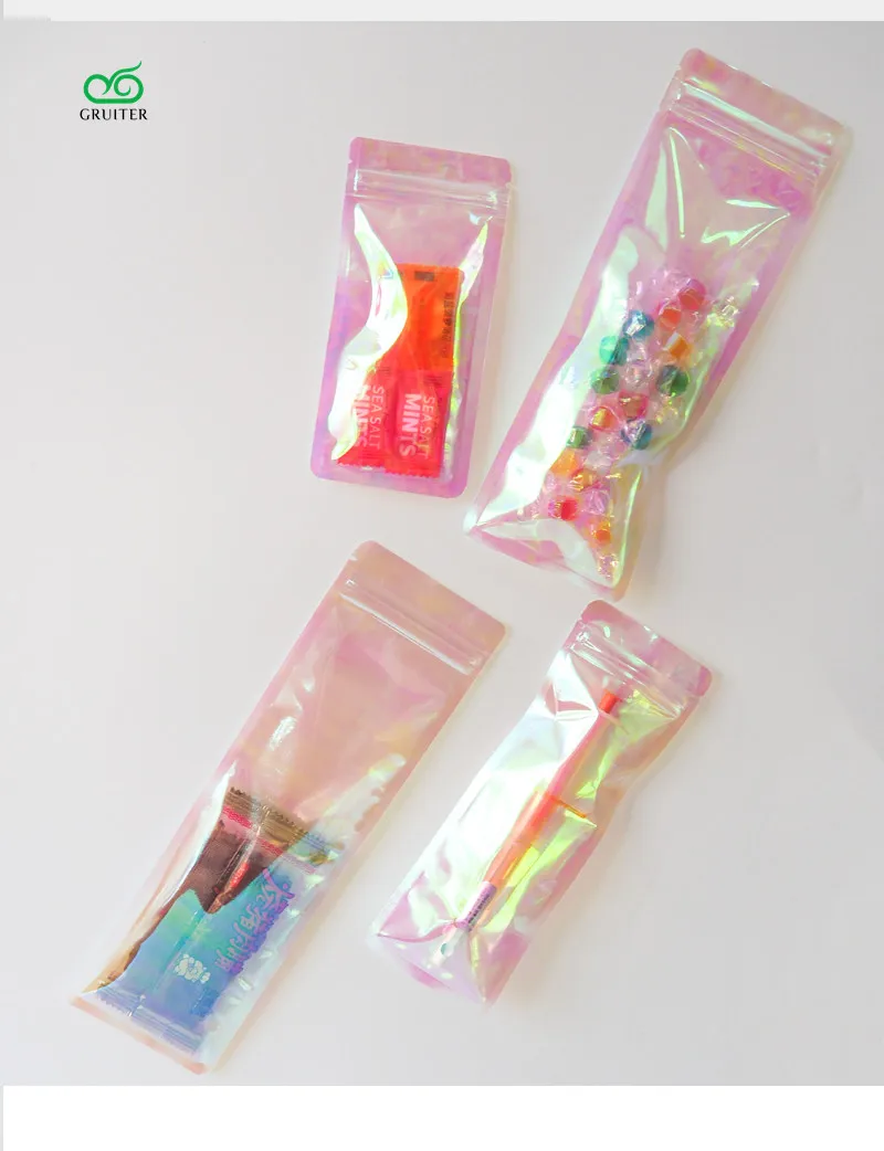 Long Sample Pouches Holographic Zip Lock Bags Laser Bag Aluminum Flat Ziplock Plastic Pouches Bag for Jewelry Cosmetic Cable 20C