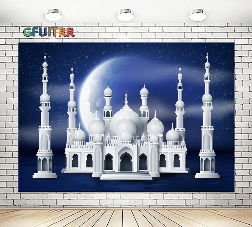 GFUITRR Рамадан кареем фотография Фон фестиваль фон белая луна Мечеть Полиэстер