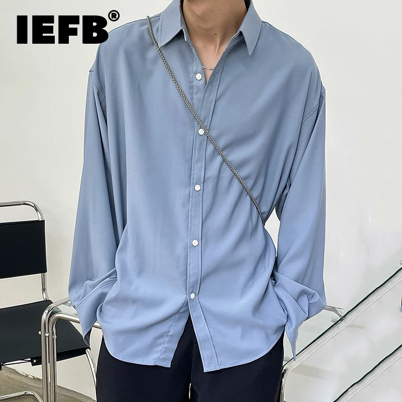 

Мужская однобортная рубашка оверсайз IEFB, корейская мода, мягкая свободная однобортная рубашка с длинным рукавом и лацканами, осень 2021