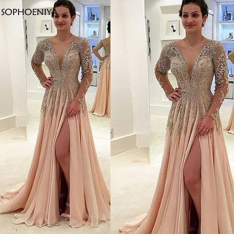 

Новое поступление V образным вырезом шифоновое платье с длинным рукавом, платье для выпускного вечера, 2021; Robe de Mariage пикантные прозрачные жен...