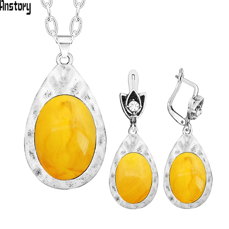 Овальный синтетический Beewaxs ожерелье серьги набор украшений для женщин античный