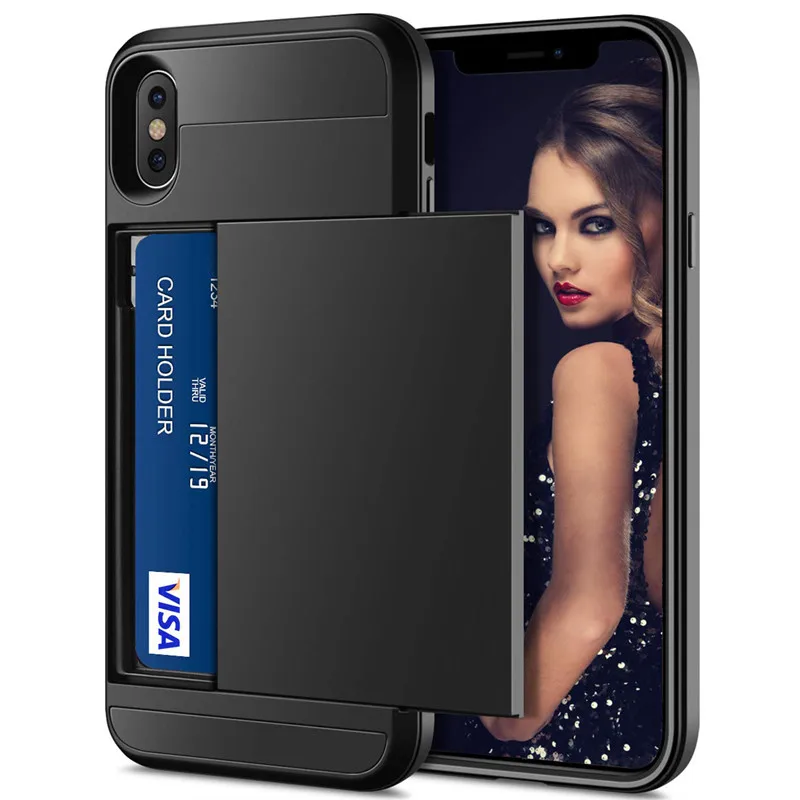 Роскошные слайдер держателем слотов для карт чехол портмоне телефона iPhone XS Max XR X 7