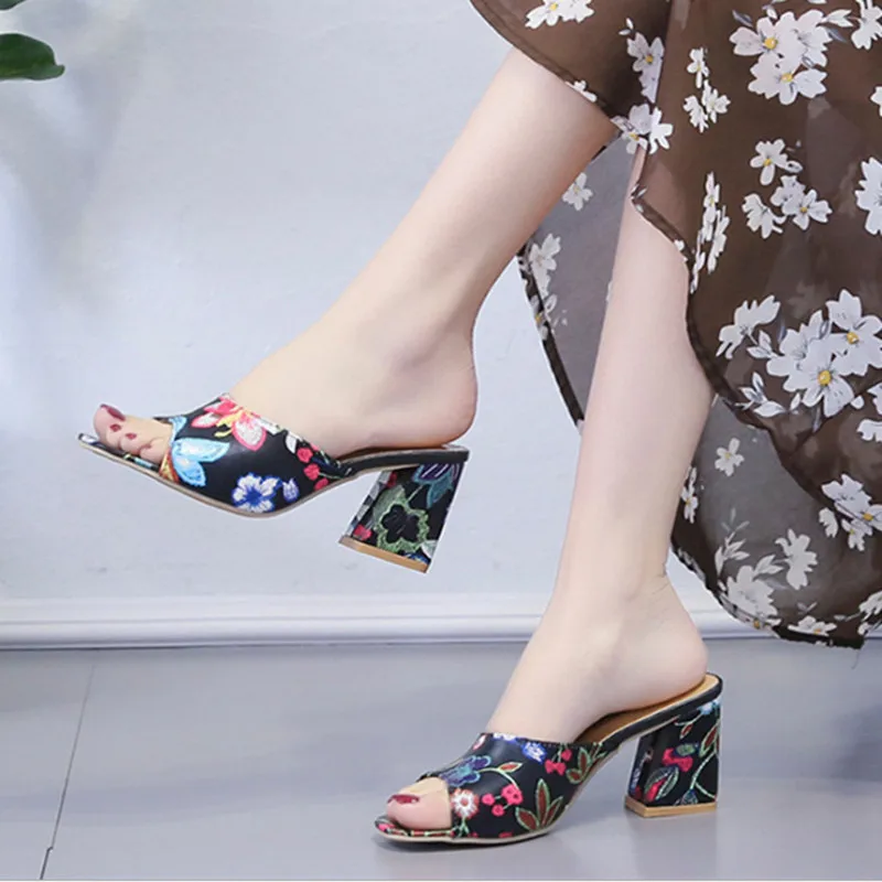 

Print chunky Heels 2021Summer women's Shoes Woman Sandals leisure slippers comfortable Open toe Slip-On Slides Sandalia Feminino