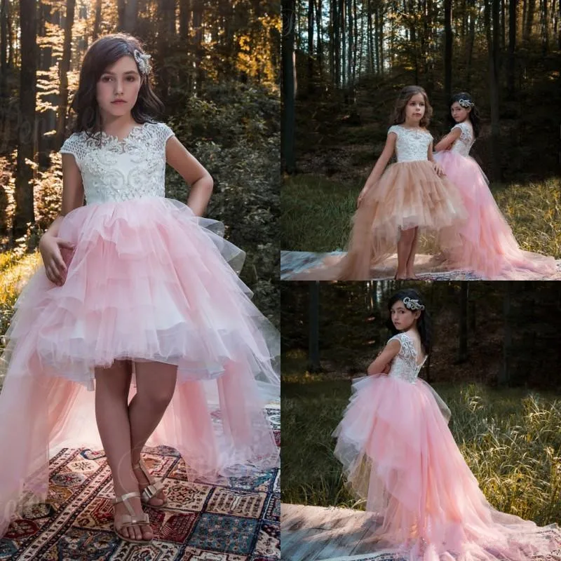 Sweet Pink High Low Flower Girls Dresses With White Applique Lace Little Kids First Communion Dress Cheap Custom Pageant Gown