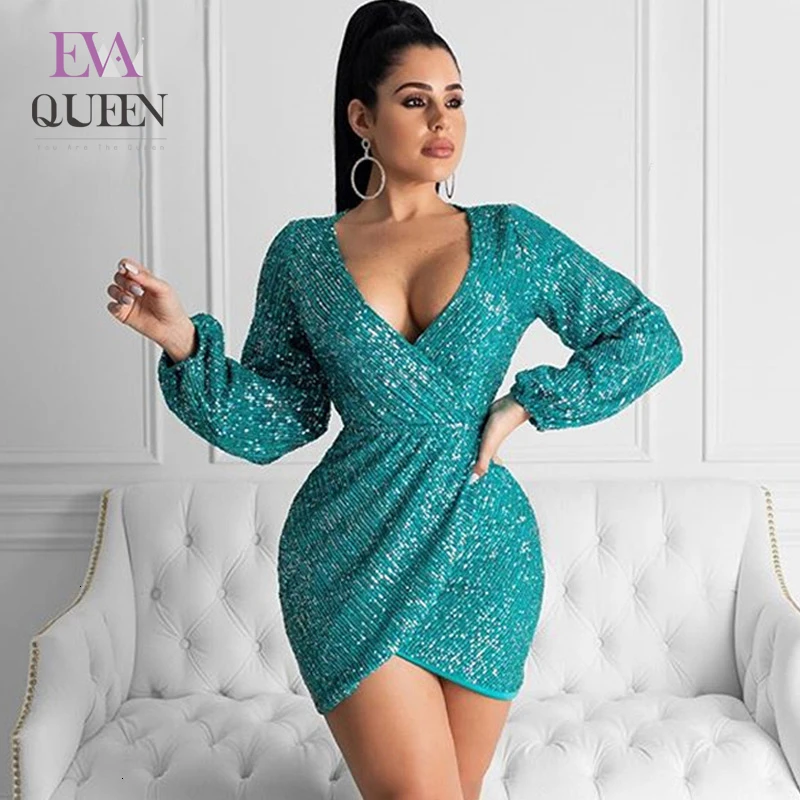 Сексуальное мини платье EvaQueen с блестками женское облегающее открытой спиной для