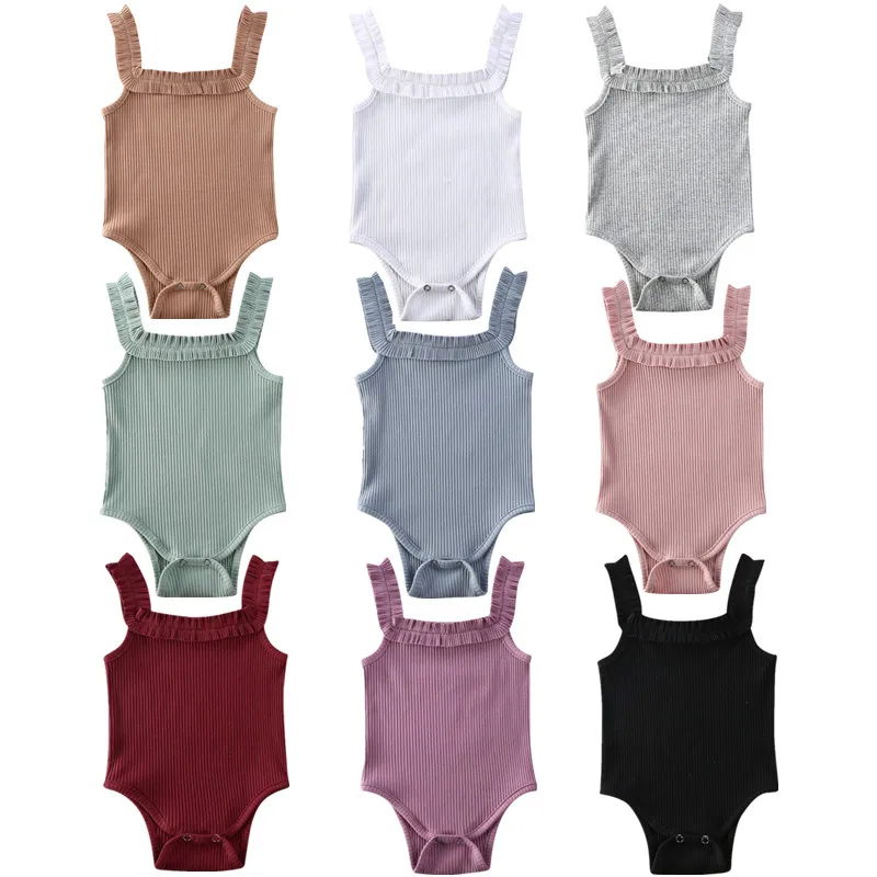 

3M-24M Newbown Solid Playsuits Baby Summer Clothing Baby Girl Sleeveless Cotton Bodysuit Girls Ribbed Ruffled Jumpsuits