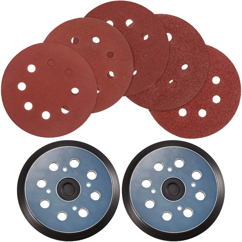 

GTBL 2Pcs Sander Pad Replaces 5 Inch 8 Hole Hook and Loop Orbital Sanding Pad with 30Pcs Sanding Discs Sandpaper