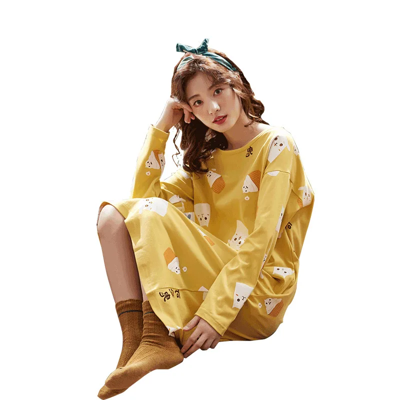 2021Spring and Autumn New Women's Nightdress Long Sleeve Cute Home Nightdress Home Service Sleep Tops Night Gown Sleepwear Women