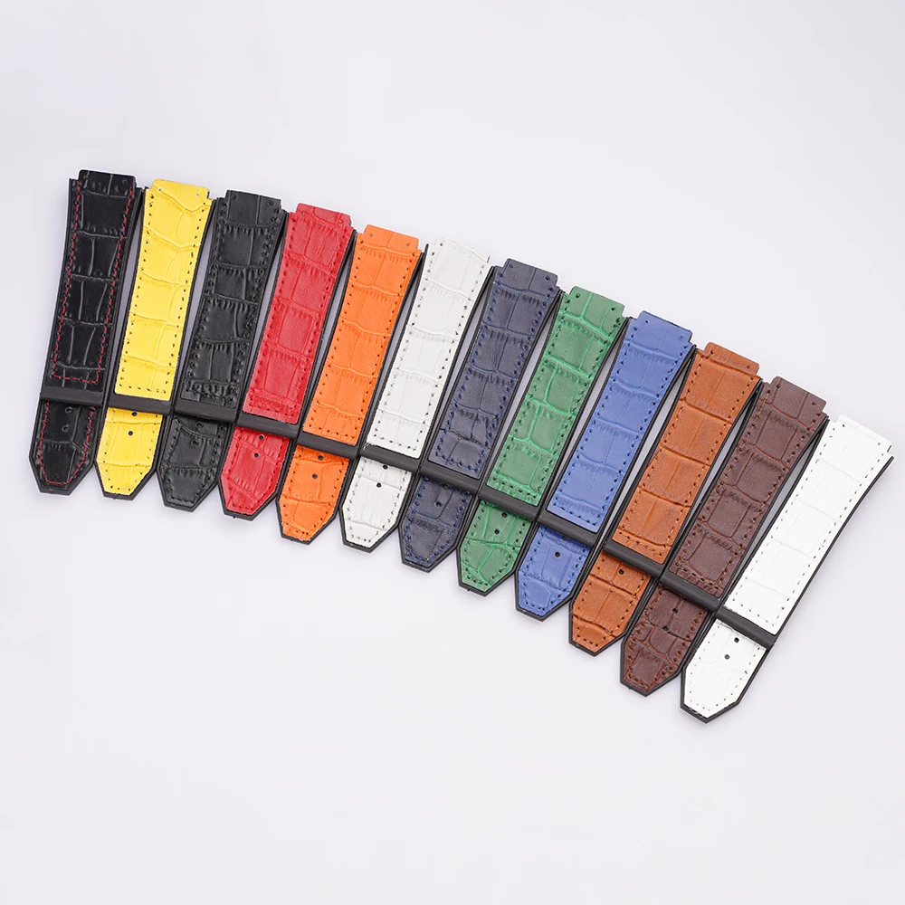 

CARLYWET 26*20mm Real Cow leather Rubber Watchband Silver Brushed Buckle for Hublot strap for Big Bang belt butterfly Buckle