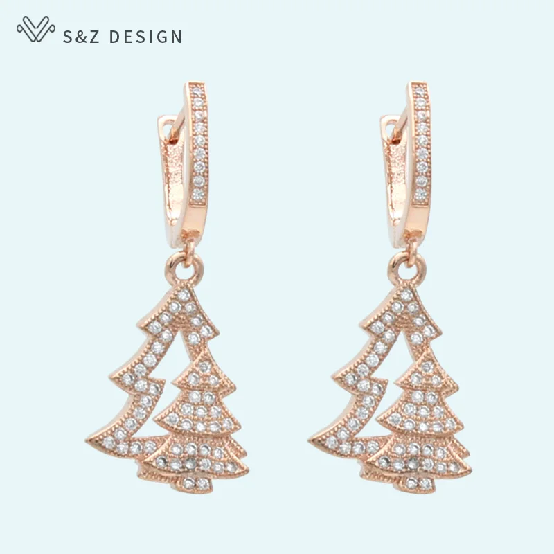 

S&Z DESIGN 2020 New Fashion Christmas Tree Dangle Earrings 585 Rose Gold Cubic Zirconia Jewelry For Women Girls Christmas Gift