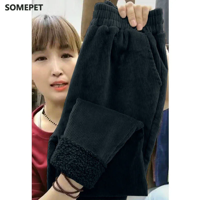 

New Women's Autumn Winter Pants Fashion Elastic Waist Thicken Warm Female Long Trousers High Waist Corduroy Harem Pants
