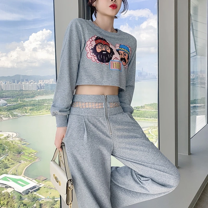 

Sports 2 Piece Set Women Outfits Print Fashion Short Pullover Top+High Waist Hollow Sexy Straight Pants Autumn Korean Pants Sets