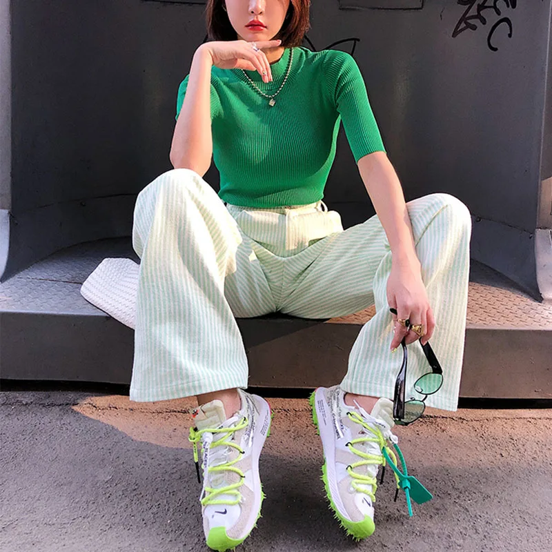 Полосатые брюки женские длинные прямые свободные хлопковые в Вертикальную