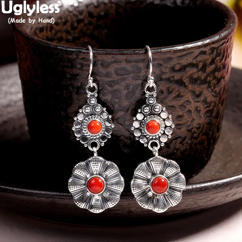 Uglyless Exotic Thai Silver Flowers Earrings for Women Indonesian Style Agate Real 925 Floral Brincos Jewelry | Украшения и