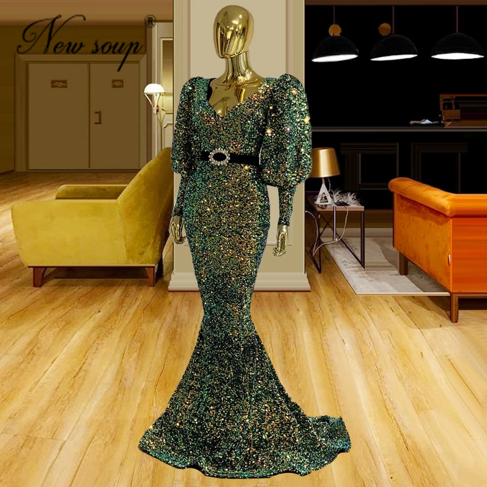 

2021 New Woman Evening Dresses Dubai V Neck Long Train Party Night Vestido De Fiesta De Gala Green Sequins Arabic Prom Dress