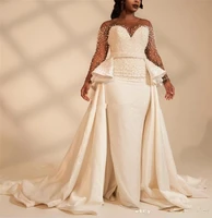 long sleeves plus size mermaid wedding dresses overskirt pearls beaded illusion african 2022 bridal gowns customized