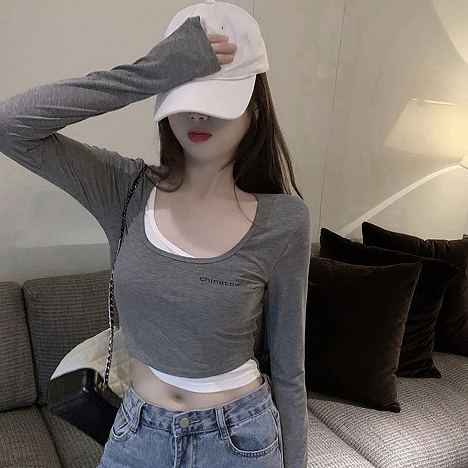 Женская шикарная блузка из двух частей с длинным рукавом и надписью облегающая