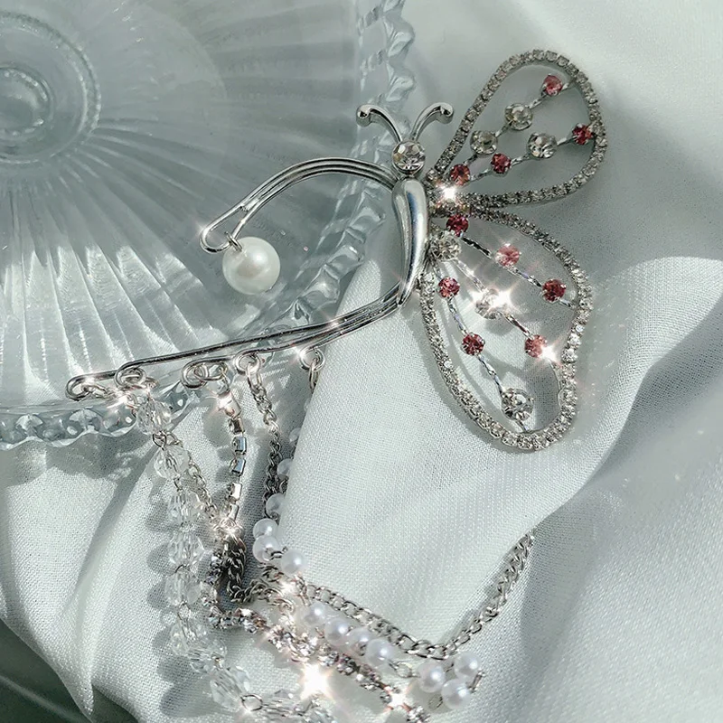 

New Korean Elegant Crystal Long Tassel Drop Earrings For Women Girls Asymmetric Pearl Butterfly Pendientes Jewelry