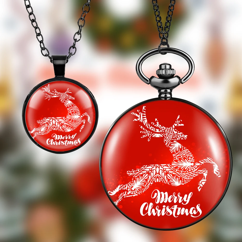 Lucky Red Pocket Watch Set Women's Cute Christmas Elk Theme Men Quartz Pocket Clock Pendant Necklace Gift Set with Box for Girls
