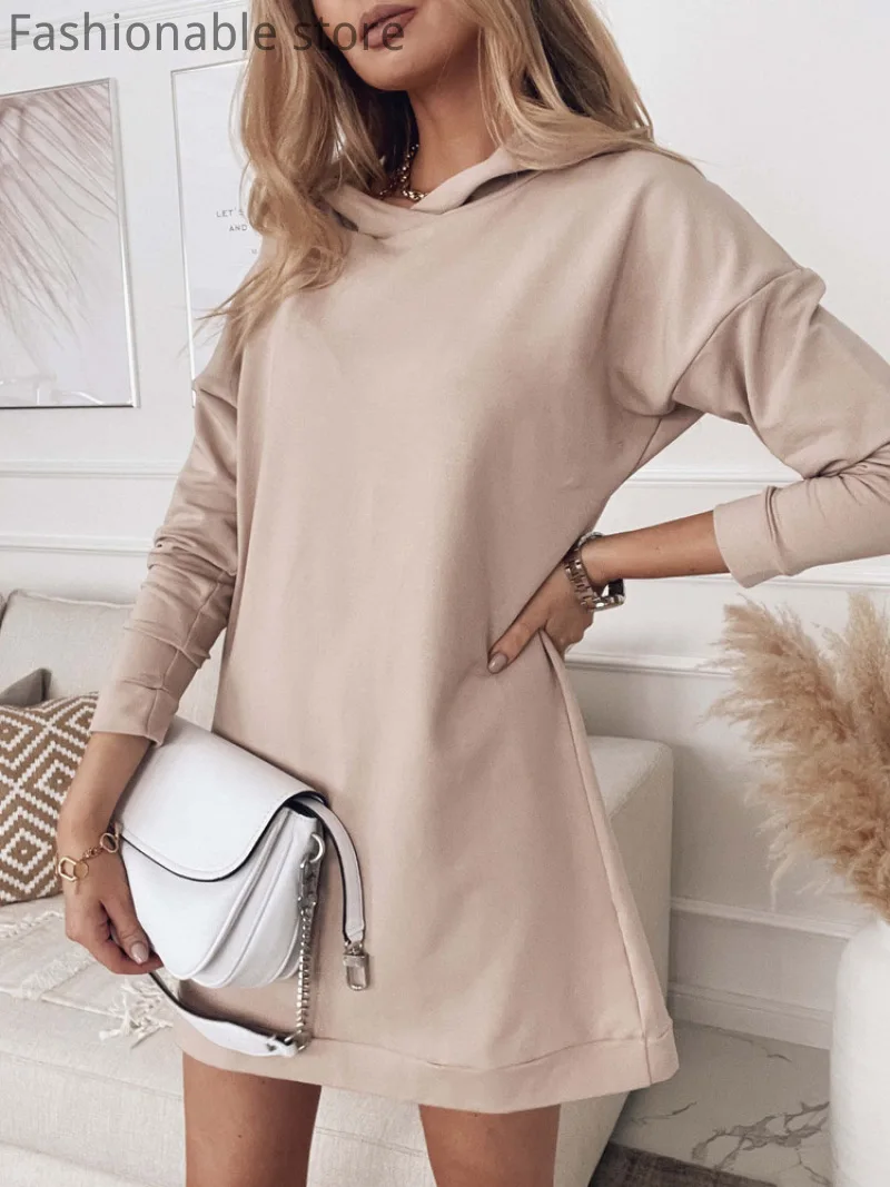 

Women Solid Color Casual Loose Long Sleeve Hooded Sweatshirt Dress