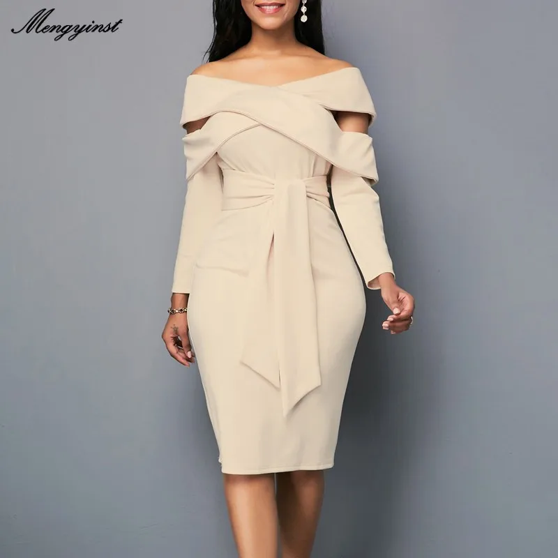 

Elegant Off Shoulder Long Sleeve Dress Women 2022 Casual Female Slash Neck Office Lady Work Party Dresses Sashes Pencil Dress
