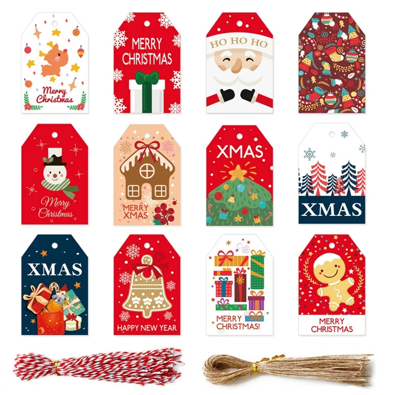 

50Sets Merry Christmas Gift Tags Snowman Xmas Tree Shape DIY Hang Tags With Rope New Year Party Wrapping Labels