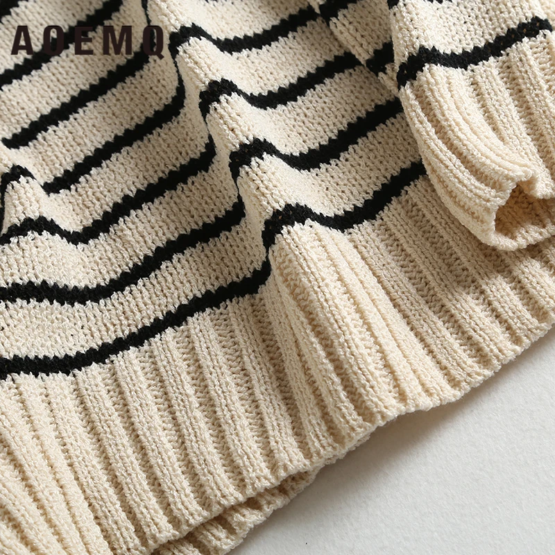 AOEMQ Thick Warm Sweaters Winter Christmas V-Neck Pullovers Hand Made Black Striped Print Women Clothing |