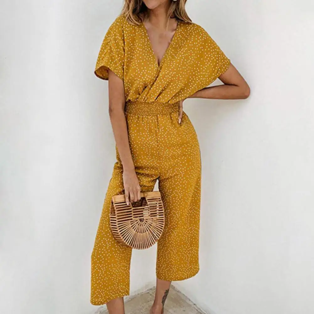 

2021 Women Jumpsuits Rompers Summer Polka Dot Printing Casual Women V-neck Short Sleeve Wide Leg Loose Jumpsuits боди женское