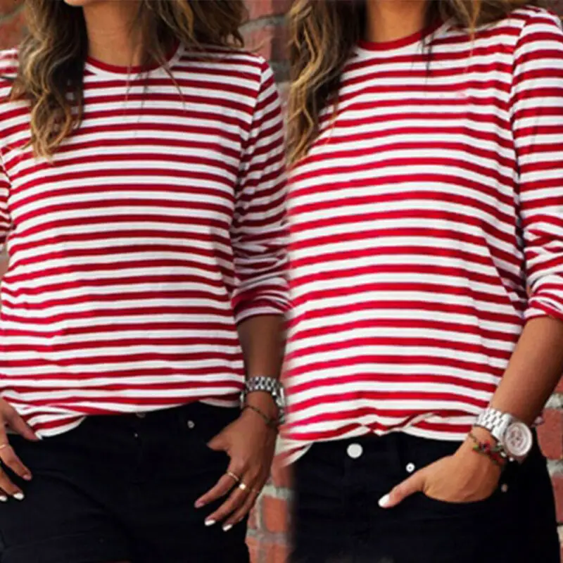 Женская футболка с длинными рукавами Повседневная Свободная в полоску круглым