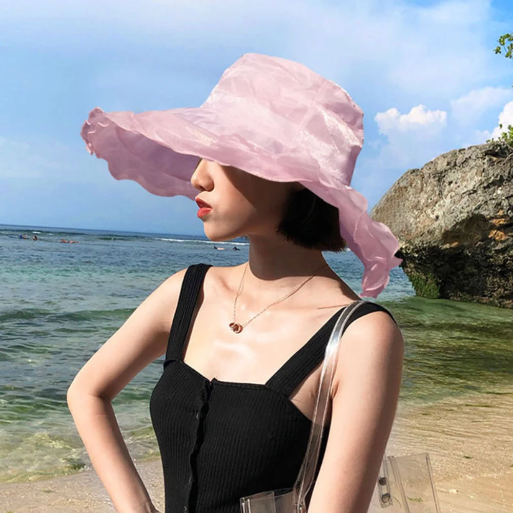 

Women Summer Anti UV Tie Dye Wide Brim Bow Decor Foldable Outdoor Sun Hat Bucket Cap Multi-Color Optional Bone Cap