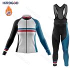 Велосипедные комплекты HIRBGOD, Зимняя Теплая Флисовая велосипедная одежда с гелевыми подушечками, комплект с длинным рукавом и брюками с нагрудником, красная, синяя полоса, качественная, непрочная